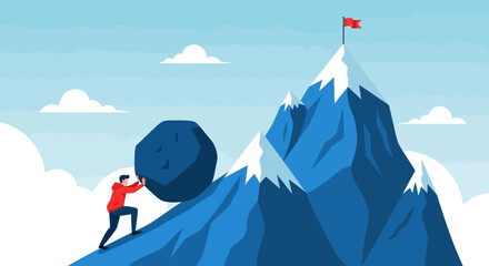 Man pushing boulder up mountain, determination and challenge concept, business struggle © Kyte