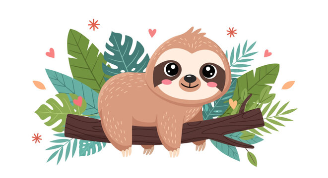 Cute sloth on tree branch, tropical jungle illustration, happy animal concept