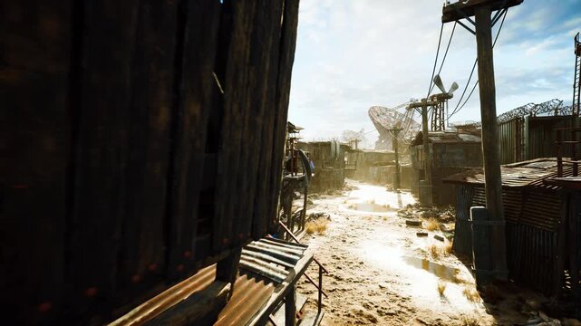 Sunlit muddy shantytown alley with corrugated metal shacks, wooden walkways, overhead cables and windmill on horizon, scattered debris and puddles reflecting