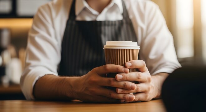 Barista holding hot coffee cup in cozy caf&eacute; environment, close-up lifestyle portrait with warm lighting