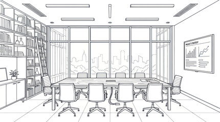 Modern Office Meeting Room Sketch - Conference Table, Chairs, Windows, Bookshelves © jungkat