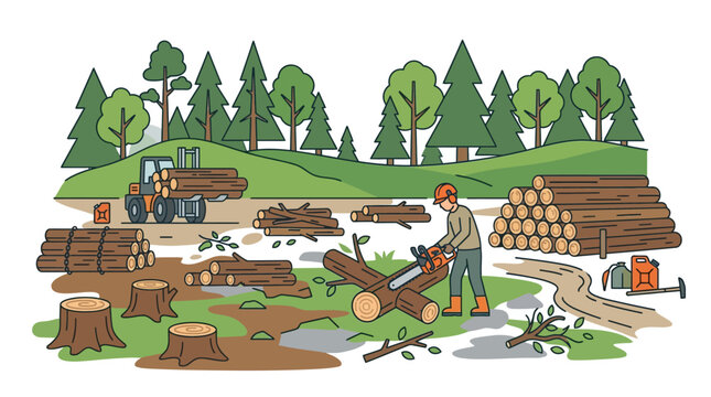 Vector illustration of a forestry operation area with chainsaw, cut logs, tree stumps, and timber stacks,
