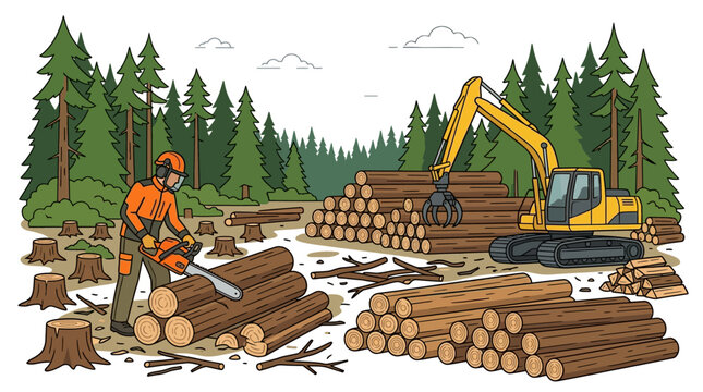 Vector illustration of a forestry operation area with chainsaw, cut logs, tree stumps, and timber stacks,