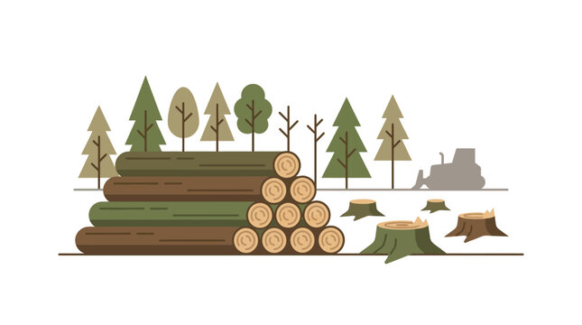 Minimal flat vector illustration of stacked cut tree logs beside freshly cut stumps  forestry harvesting concept 