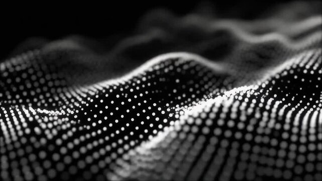 Abstract 3D wave pattern formed by glowing dots, representing data visualization or sound waves in a dark, futuristic setting
