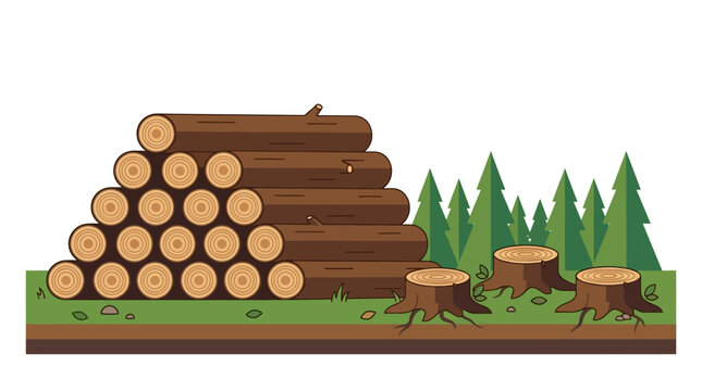 Minimal flat vector illustration of stacked cut tree logs beside freshly cut stumps  forestry harvesting concept 