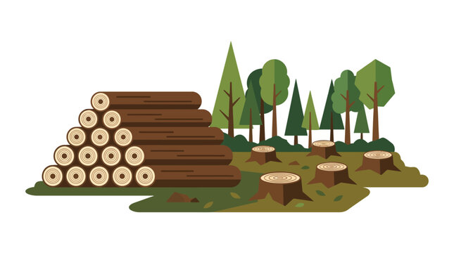 Minimal flat vector illustration of stacked cut tree logs beside freshly cut stumps  forestry harvesting concept 
