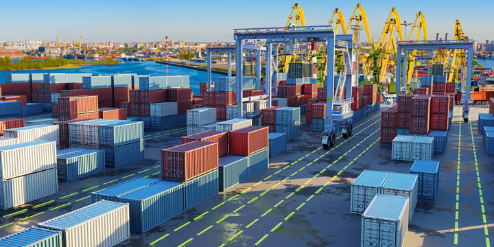 Seaport logistics. Container cranes move shipping containers across industrial cargo terminal for global freight transport