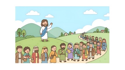 Fototapeta premium Cartoon illustration of a man in robes waving to a large group of people walking along a winding path in a green hilly landscape under a blue sky
