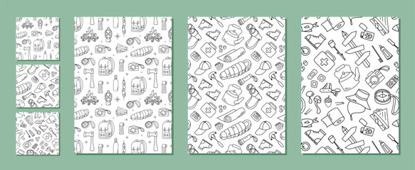 Seamless camp doodle pattern collection in black and white line style. Hiking adventure and backpack motif set with expedition trip equipment icons. Nature theme with hand drawn elements subtle color © Moonnoon