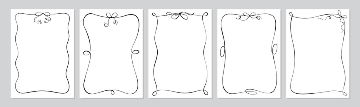Cute white frame set with curly bow border and whimsical line ribbon detail. Hand drawn doodle frame collection for romantic card or invitation and social media post. Minimal black outline element as