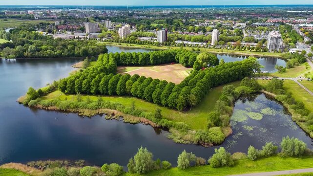 Aerial drone view of the five pointed star shaped park Pettelaarse Schans, Netherlands, May 14, 2026. High quality 4k footage
