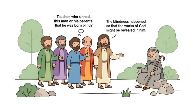 Illustration of a biblical scene showing a group of men questioning a teacher about a blind man sitting on a rock in a simple outdoor setting