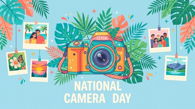 Vintage camera captures memories with tropical leaves and framed photos