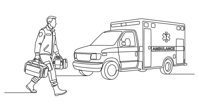 Paramedic walking with medical equipment to ambulance.