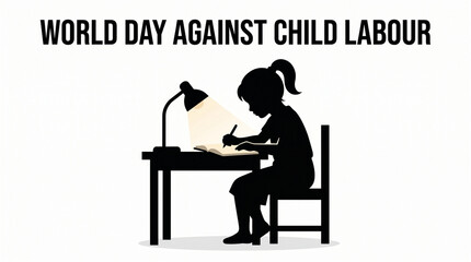 Fototapeta premium World Day Against Child Labour poster, silhouette of girl studying at desk, child rights awareness concept
