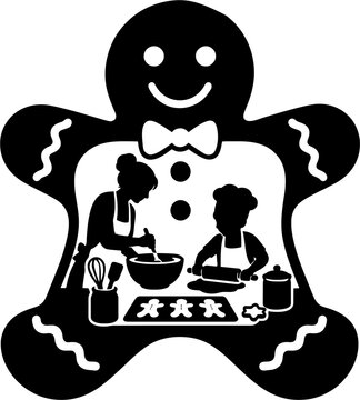 Gingerbread man silhouette with family baking inside vector illustration, mother and child making Christmas cookies and rolling dough double exposure conceptual design
