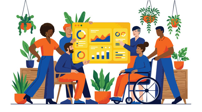 Inclusive professional team experiencing synergy and emotional connection while collaborating on a data-driven strategy in a modern workspace