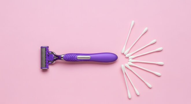 Razor rests beside a fan of cotton swabs against a vibrant pink background to emphasize daily hygiene.