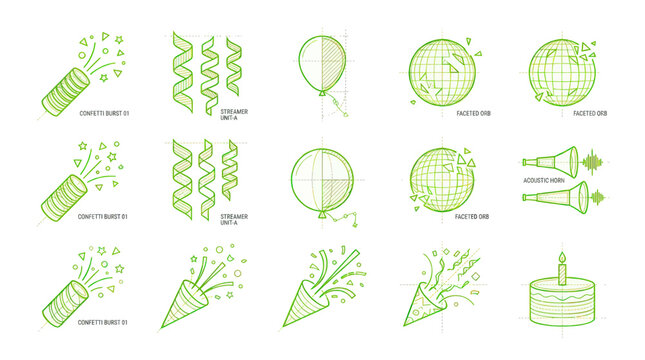 Party Icons: Confetti Poppers, Streamers, Balloons, Disco Balls, Party Horns, Cake