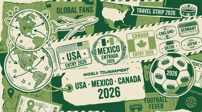 Vintage world tournament 2026 travel collage, retro football soccer fan stamps and passport entries, green textured sports event vector