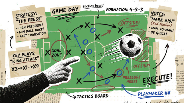 Soccer tactics board with hand drawn football strategy, coach pointing at game day formation, sports planning notes and ball vector
