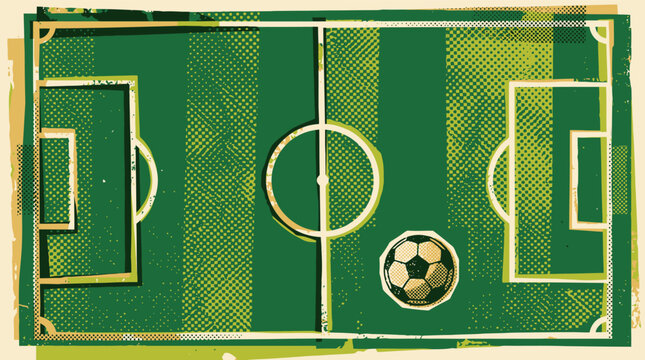 Vintage soccer field vector illustration, retro football pitch with halftone texture, green sports stadium background for tournament posters