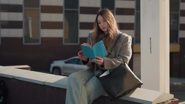 Pretty white reader absorbed on rooftop with book sunlit pages held in hands curly hair catching light relaxed seated pose on ledge distant car and striped building background mood of calm