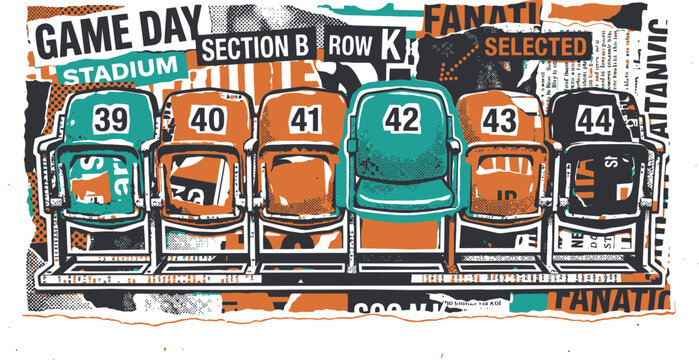 Vintage stadium seats collage, game day sports ticket background, retro arena seating with section and row numbers, urban grunge fan art