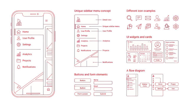 Mobile App UI Design Sketch: Wireframe, Navigation, UI Elements, Flowchart
