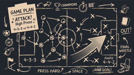 Soccer game plan chalkboard illustration, football strategy board with attack high press tactics, hand drawn sports coaching diagram vector © 成 sнıηяα тєηsєı ツ