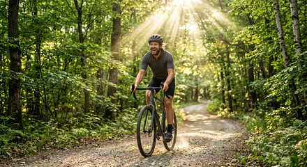 Naklejka premium A dynamic photograph of a person happily riding a bicycle along a tree-lined path in the summer. Sun rays breaking through the leaves. Free and energetic.