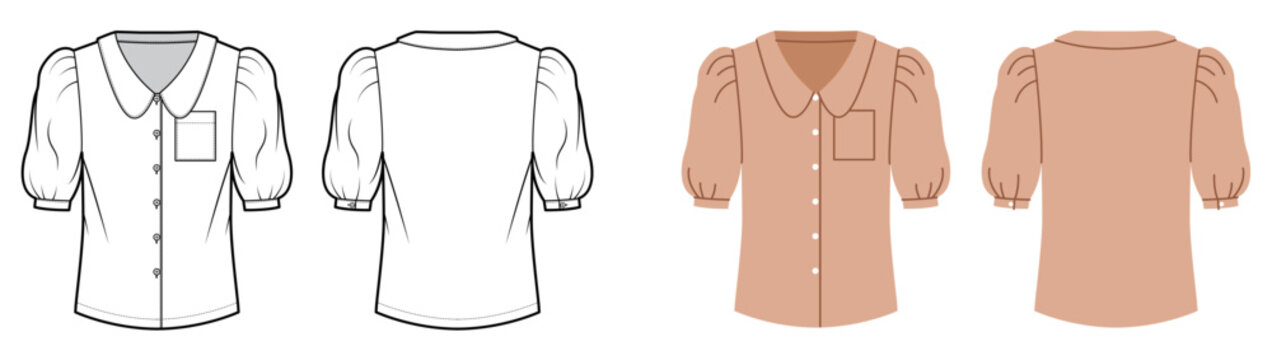 Button shirt with short puff sleeves, chest pocket and fitted silhouette, clean shaping lines. Technical fashion illustration in black and white color, front back views, modern apparel CAD template