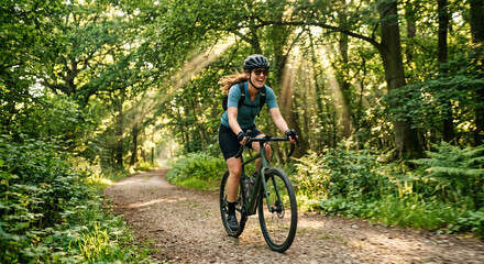 Naklejka premium A dynamic photograph of a person happily riding a bicycle along a tree-lined path in the summer. Sun rays breaking through the leaves. Free and energetic.