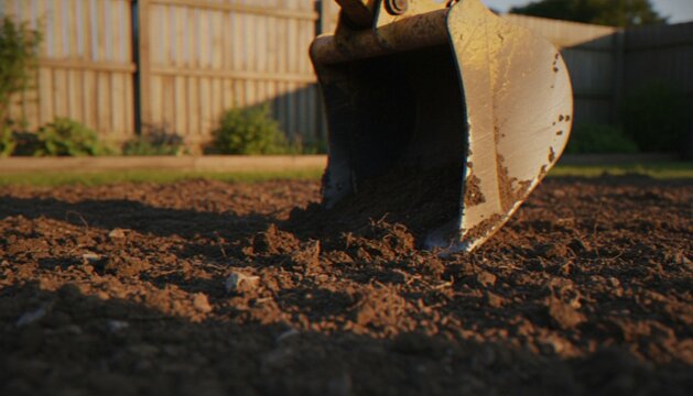 A close-up shot of an excavator bucket digging into dirt in a garden or construction site during sunset.