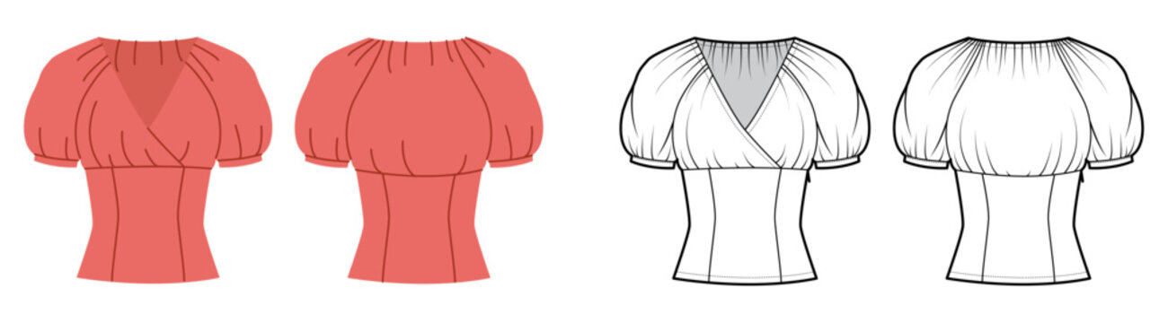 Empire waist top with puff sleeves, gathered neckline and fitted bodice with shaping seams. Technical fashion illustration in black and white color, front back views, clean apparel CAD template Vector