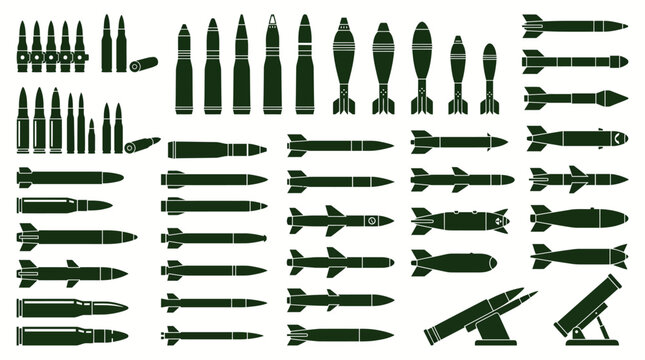 Modern military ammunition icons set vector silhouette of missiles rockets bombs and bullets