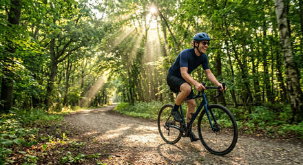 Naklejka premium A dynamic photograph of a person happily riding a bicycle along a tree-lined path in the summer. Sun rays breaking through the leaves. Free and energetic.