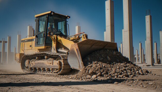 A yellow track loader moving dirt and debris on a construction site with concrete support columns in the background under a blue sky.