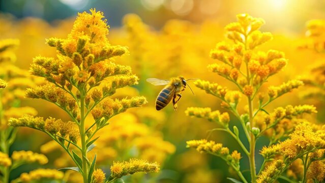 Background from yellow thick goldenrod flowers beautiful backgrounds with wildflowers and autumn honey bees