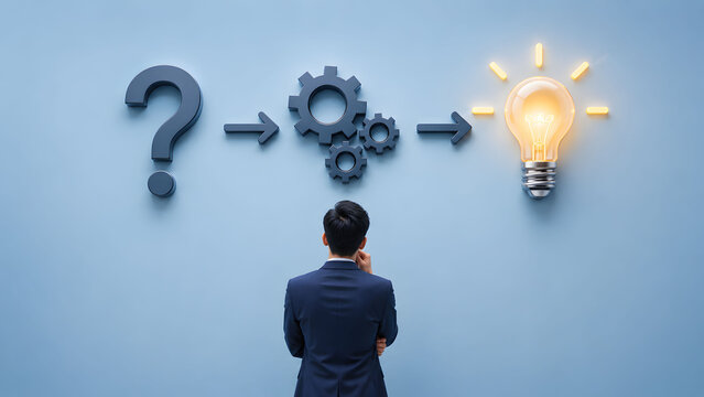 Innovative business problem solving concept with businessman analyzing 3d question mark gears and glowing lightbulb