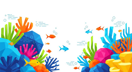 Colorful Coral Reef with Fish and Bubbles, Geometric Style © A.CHOMSIN