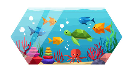 Colorful Geometric Aquarium with Fish, Turtle, and Octopus © A.CHOMSIN