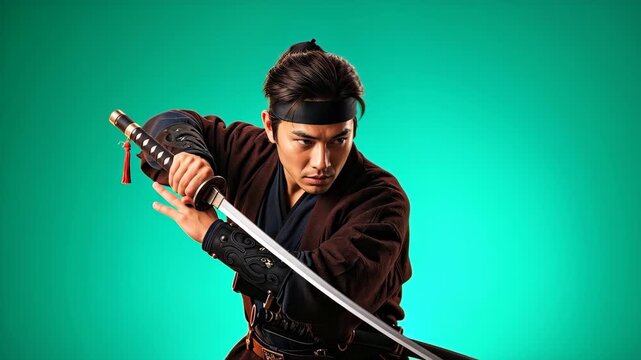Samurai Warrior Pose: A focused samurai warrior in traditional attire grips a katana, poised in a dynamic combat stance against a vibrant teal backdrop. The image embodies discipline and readiness.