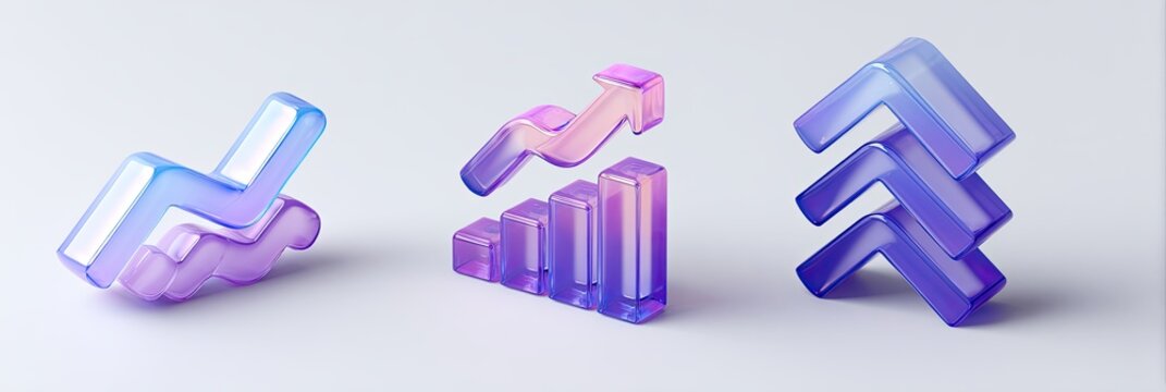 Three abstract 3D glass icons representing financial growth and decline.