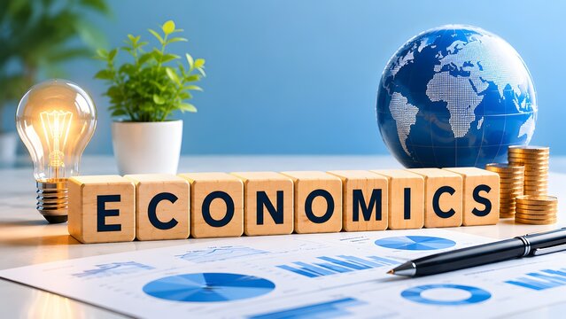 Global economics concept with wooden blocks glowing lightbulb gold coins globe and financial charts on desk