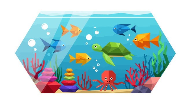 Colorful Geometric Aquarium with Fish, Turtle, and Octopus