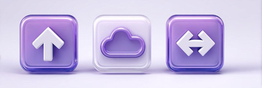 Three modern translucent purple glass icons with white symbols for upload, cloud storage, and bidirectional arrows.
