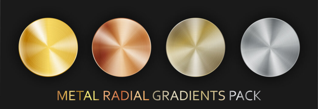 Radial realistic radial gradient chrome metal pack isolated on black background with shadows. Golden, bronze, copper, aluminium, nikel and silver circle button or award medal set. Vector illustration