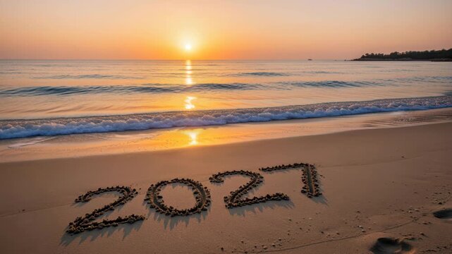 New Year's Beach Countdown: The year 2027 is etched into the sand on a tranquil beach, with gentle waves lapping at the shore as the sun sets over the horizon.